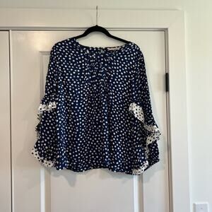 Soft Surroundings Women's Longsleeve Blouse Navy with White Dots‎ Size Small